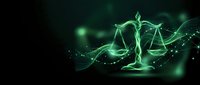 Glowing green digital scales of justice with light effects and particles on dark background for legal technology and law firm presentations.