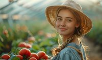 Young woman in straw hat and denim overall smiling while harvesting fresh tomatoes in greenhouse garden during golden hour, natural organic farming concept.