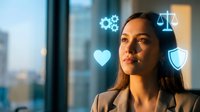 Young professional Hispanic businesswoman looking at futuristic holographic interface icons in modern office environment for technology presentations.