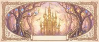 Enchanted fairy tale castle framed by magical twisted tree branches with ornate decorative border in vintage storybook illustration style.