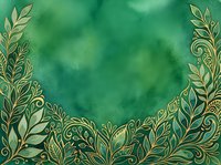 Ornate golden leaf border frames emerald watercolor background with copy space, suitable for luxury invitations, certificates, and elegant design projects.