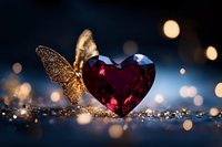 Red heart-shaped gemstone with golden butterfly wings on sparkling surface with warm bokeh lights creating romantic luxury jewelry concept.