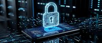 Digital security concept with glowing padlock hologram above smartphone screen surrounded by flowing data streams in futuristic cyber environment.