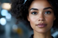 Young African American woman with natural curly hair and blue eyes gazing confidently at camera against blurred background with soft bokeh lighting effect.