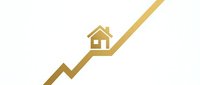 Golden house icon on upward trending arrow showing real estate market growth and property value increase on white background.