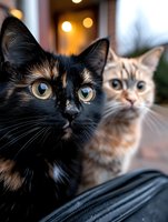 Close-up portrait of two curious cats - tortoiseshell and ginger - with bright eyes looking at camera against blurred bokeh background. Emotional pet photography.