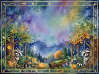 Enchanted forest scene with raccoons, glowing lights, crescent moon, and magical woodland atmosphere with gold ornamental border frame.