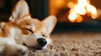 Sleeping Shiba Inu puppy on carpet with warm fireplace bokeh in background, close up portrait showing peaceful expression and distinctive fox-like features.