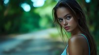 Young Caucasian woman with natural makeup and tousled brown hair gazing intensely at camera against blurred green bokeh background in artistic outdoor portrait.