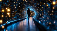 Silhouette of person walking through illuminated tunnel with sparkling lights creating magical atmosphere for technology and future concepts.