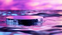 Circular black platform floating on rippling water surface with vibrant purple pink gradient sky reflection creating dreamy surreal product display stage.