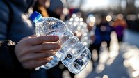 Person holding clear plastic water bottle in sunlight with crowd and bokeh background, highlighting hydration and outdoor activity during daytime event.