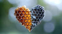 Heart shaped honeycomb structure split in contrasting orange and blue colors against blurred natural background, showing detailed hexagonal pattern and texture.