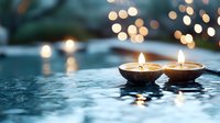 Floating candles in coconut shells on tranquil spa water surface with soft bokeh lights creating peaceful zen atmosphere for wellness and relaxation.