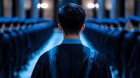Young Asian male graduate in academic regalia stands facing rows of empty seats in dimly lit auditorium, dramatic blue lighting creates atmospheric mood.