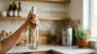Person holding empty glass bottle in modern kitchen with wooden shelves, potted plant, and blurred background for recycling, sustainability, and eco-friendly lifestyle concepts.