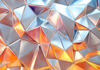 Metallic triangular geometric pattern with orange and silver surfaces creating dynamic light reflections and modern abstract technological background.