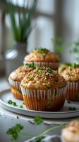 Savory muffins with cheese and green onions on white plate, garnished with fresh herbs and crumb topping for breakfast or brunch.