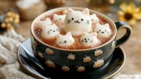 Adorable cat-shaped marshmallows floating in hot chocolate cup with floral pattern, cozy winter drink setup for cafes and seasonal marketing campaigns.
