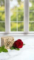 Artisanal oat soap bar with dried herbs next to vibrant red rose and fresh mint leaves on marble surface, bright window background for spa and wellness product photography.