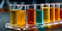 Colorful chemical solutions in laboratory test tubes arranged in row, showcasing vibrant yellow, orange, red, and teal liquids for scientific research.