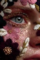 Close-up of eye with intricate embroidered floral pattern and glitter makeup on face, showcasing artistic beauty and fashion creativity.
