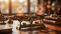 Vintage brass scales with glowing microchip holograms representing balance between traditional law and modern technology in warm office setting.