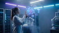 Female scientist interacting with holographic data visualization in futuristic laboratory with neon lighting and advanced technology equipment.
