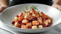 Pan-seared scallops and bay scallops with pomegranate seeds garnished with fresh rosemary served on white ceramic plate, gourmet seafood appetizer.
