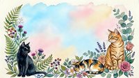 Watercolor cats with floral border frame featuring ferns, roses and wildflowers on pastel rainbow background for greeting cards and home decor.