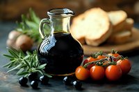 Glass bottle of balsamic vinegar with fresh cherry tomatoes, black olives and herbs on rustic wooden background. Mediterranean cuisine ingredients.