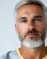 Mature Caucasian man with silver gray hair and beard portrait on white background for grooming and lifestyle concepts.