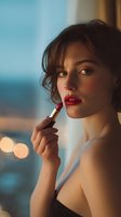 Young woman with red lipstick applying makeup against blurred city lights background, creating elegant evening atmosphere for beauty and cosmetic advertising.