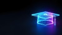 Digital graduation cap with glowing neon wireframe design on dark starry background for education technology and online learning concepts.