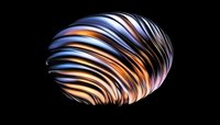 Metallic striped egg shape with orange and purple reflective surface glowing on black background, abstract modern design element for creative projects.