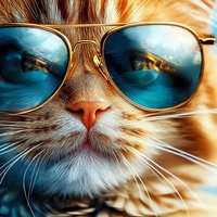 Ginger cat wearing aviator sunglasses with blue reflection, close up portrait showing whiskers and nose. Cool summer mood for pet lifestyle and fashion designs.