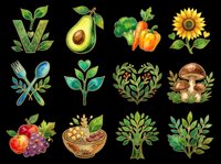 Organic farm produce and botanical elements collection with avocado, sunflower, bell pepper, mushroom, fruits, utensils, and leafy plants isolated on transparent background for t-shirt design, clipart, and print-on-demand projects.