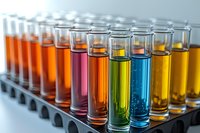 Colorful liquid samples in test tubes arranged in a row, displaying various chemical solutions and compounds for laboratory research, scientific analysis, and educational demonstrations.