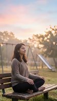 Young woman meditating peacefully on wooden bench at sunset in park with playground background. Mindfulness and relaxation concept for wellness content.