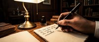 Male hand writing with fountain pen on aged paper at wooden desk with brass lamp and books in background, suitable for literature, writing, education, and vintage office design projects.