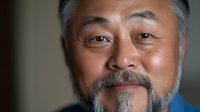 Close up portrait of mature Asian man with gray beard and mustache wearing blue shirt smiling warmly at camera against dark background.