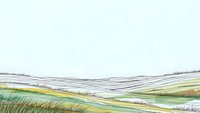 Rolling hills landscape with flowing lines and gentle curves in soft pastel colors. Minimalist countryside scenery with layered terrain and organic shapes.