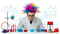 Crazy scientist with colorful mohawk hair conducting chemical experiments in laboratory with test tubes and beakers on white background.