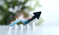 Glowing blue arrow chart showing upward trend with sparkle effects on white columns against blurred green background, representing business growth and success.
