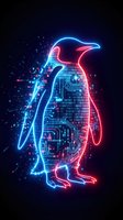Digital penguin silhouette with neon blue and red circuit board patterns and binary code on dark background for technology design projects.