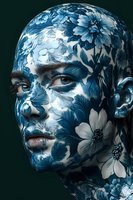 Female face with blue and white floral pattern body art against dark background, creative portrait showcasing artistic makeup and botanical design elements.