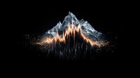 Glowing mountain peak with luminous orange light trail effect against dark background, surrounded by sparkling particles and ethereal mist creating dramatic atmosphere.