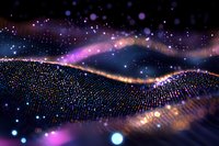 Abstract digital wave of glowing particles with purple and blue bokeh lights flowing on dark background, creating futuristic technology landscape.