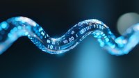 Glowing digital DNA strand with binary code pattern on dark background represents genetic engineering and biotechnology advancement in modern science.