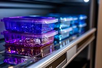 Laboratory samples in plastic containers illuminated by vibrant purple and blue lights on storage shelf, creating modern scientific atmosphere.